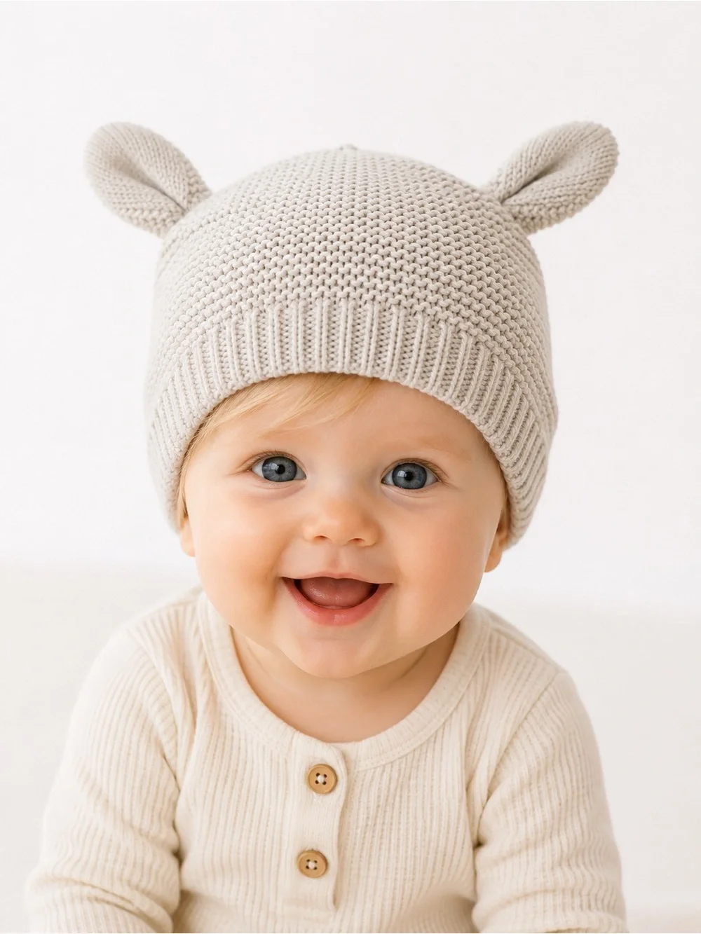 H&M Baby Knit Bear Ear Beanie Hat Cream Cotton Neutral Unisex | Size 3-6M